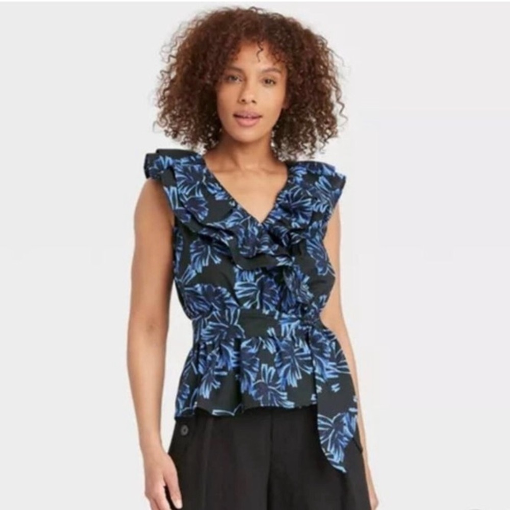 who what wear navy floral ruffle top peplum tie waist